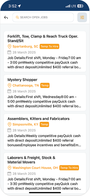 Job listings for various positions including forklift operator, mystery shopper, assemblers, and laborers, with details on pay and shifts.