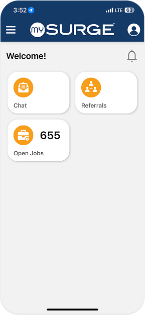 Mobile app interface displaying a welcome message with options for Chat, Referrals, and Open Jobs.