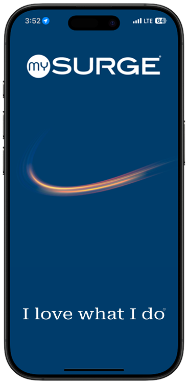 A smartphone screen displays the mySURGE app logo on a blue background.